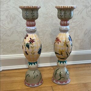 Rare Vintage Tracy Porter Handpainted Floral Candle Holders Set of 2